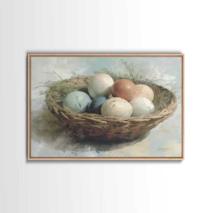 Fresh Eggs in a Woven Basket with Canvas Print, Bed and Breakfast Art, Coffee Art, Living Room Decor, Watercolor Art, BAB-3x2-34