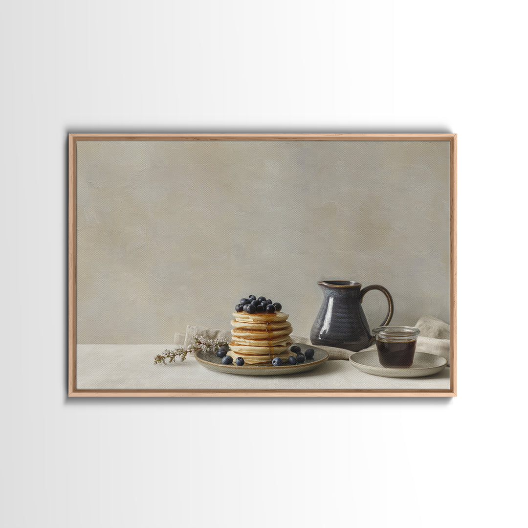 Blueberry Pancakes Still Life Framed Canvas Print, Bed and Breakfast Art, Folk Art, Living Room Decor, Fine Art, BAB-3x2-36