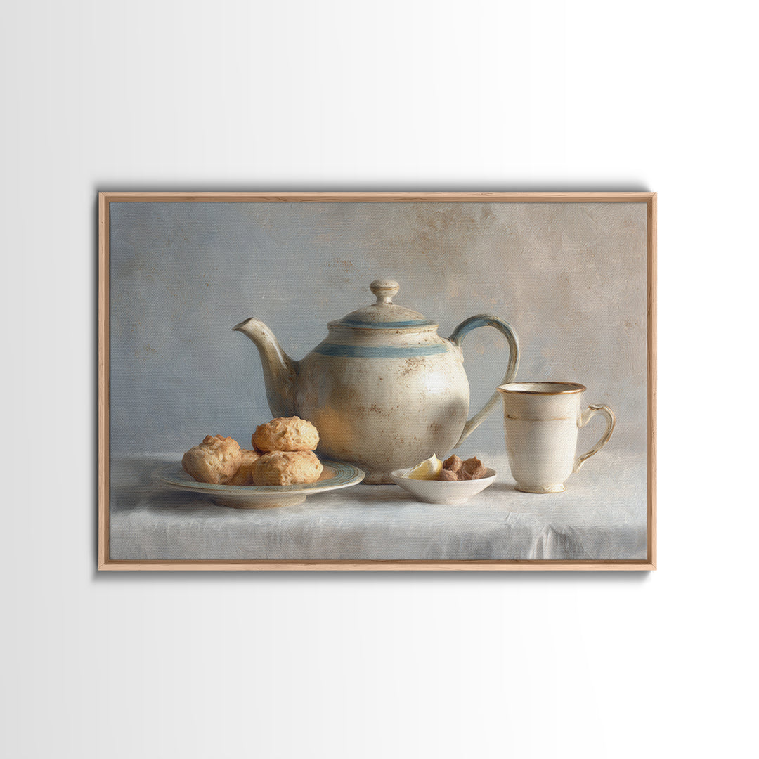 Porcelain Teapot and Scones Framed Canvas Print, Bed and Breakfast Art, Bedroom Art, Living Room Decor, Oil Painting, BAB-3x2-40