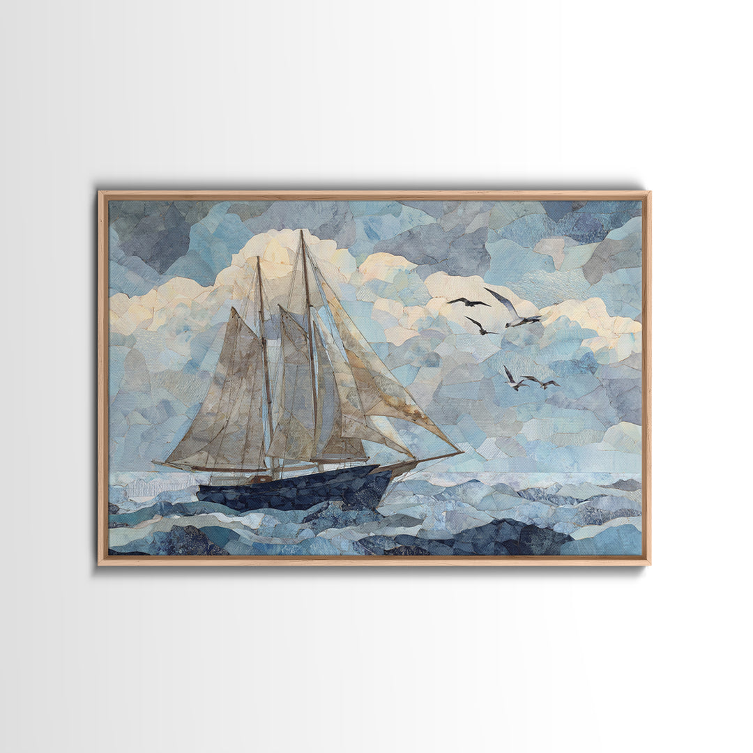 Coastal Inn Sailboat at Sunrise Framed Canvas Print, Bed and Breakfast Art, Gallery Decor, Living Room Decor, Fine Art, BAB-3x2-45