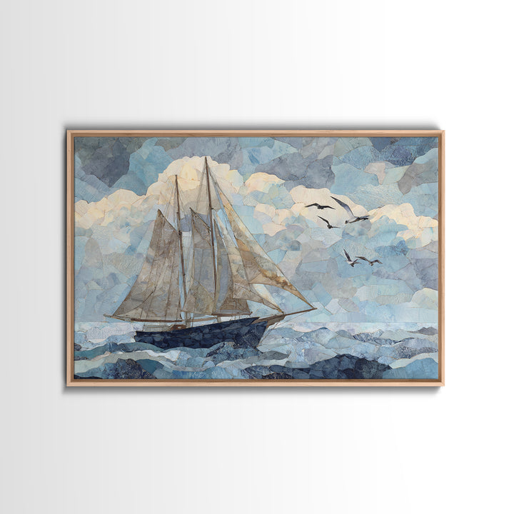 Coastal Inn Sailboat at Sunrise Framed Canvas Print, Bed and Breakfast Art, Gallery Decor, Living Room Decor, Fine Art, BAB-3x2-45