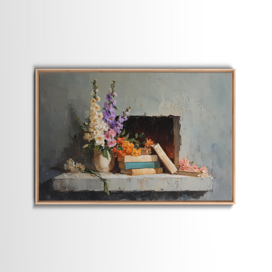 Warm Fireplace Still Life Framed Canvas Print, Bed and Breakfast Art, Bedroom Wall Decor, Living Room Decor, Fine Art, BAB-3x2-46