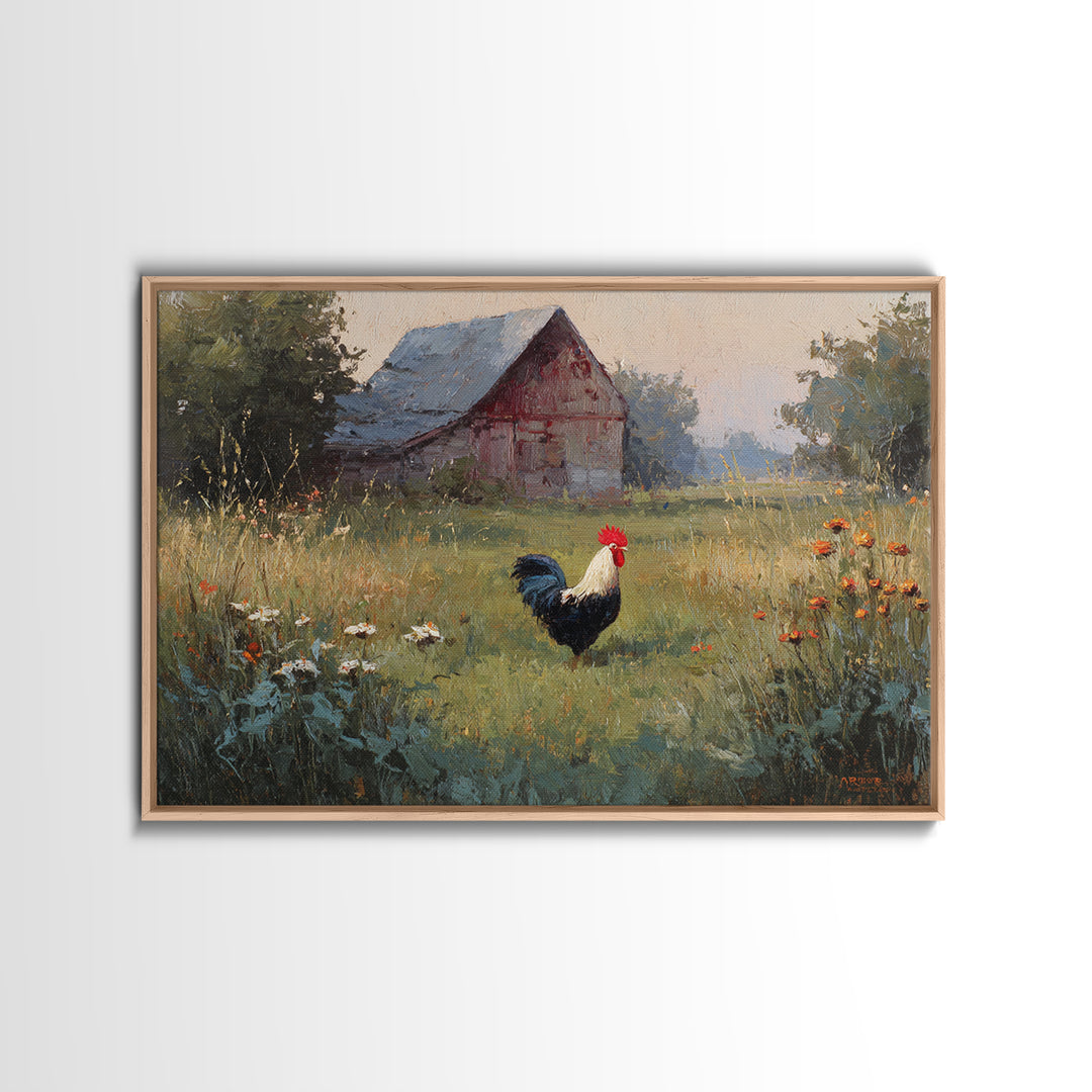 Rooster and Wildflower Country Portrait Framed Canvas Print, Bed and Breakfast Art, Digital Art, Living Room Decor, Fine Art, BAB-3x2-47