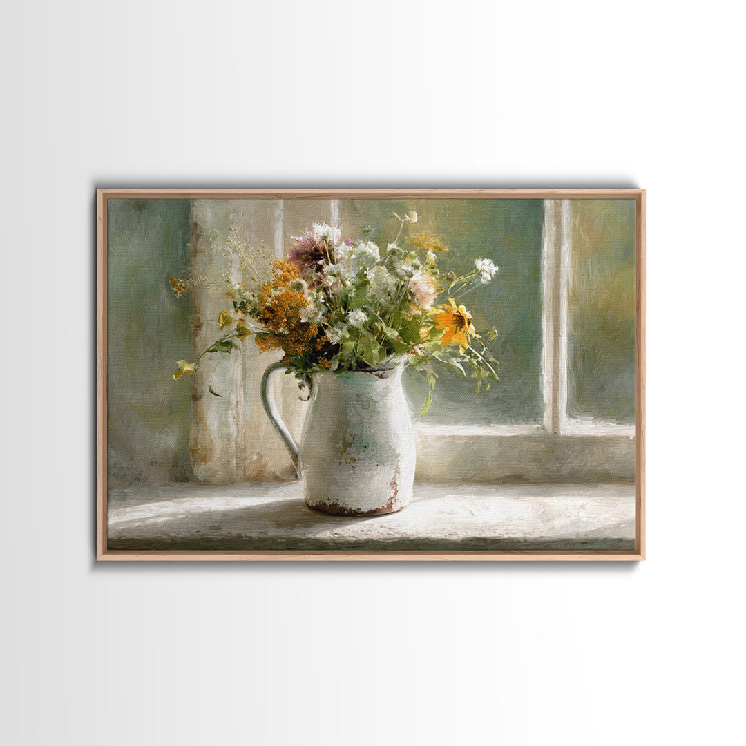 Country Wildflowers in a Chipped Ceramic Pitcher Canvas Print, Bed and Breakfast Art, Coffee Wall Art, Living Room Decor, BAB-3x2-5