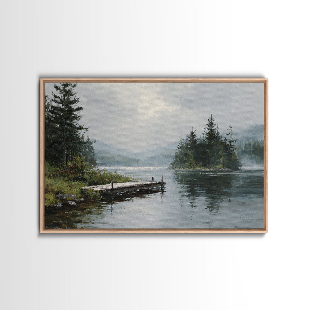 Quiet Lake Dock at Early Morning Framed Canvas Print, Bed and Breakfast Art, Farmhouse Wall Decor, Living Room Decor, Fine Art, BAB-3x2-50