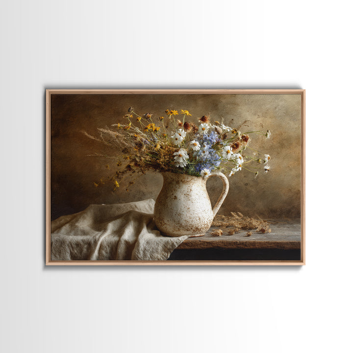 Country Wildflowers in a Chipped Ceramic Pitcher Canvas Print, Bed and Breakfast Art, Modern Decor, Living Room Decor, BAB-3x2-53