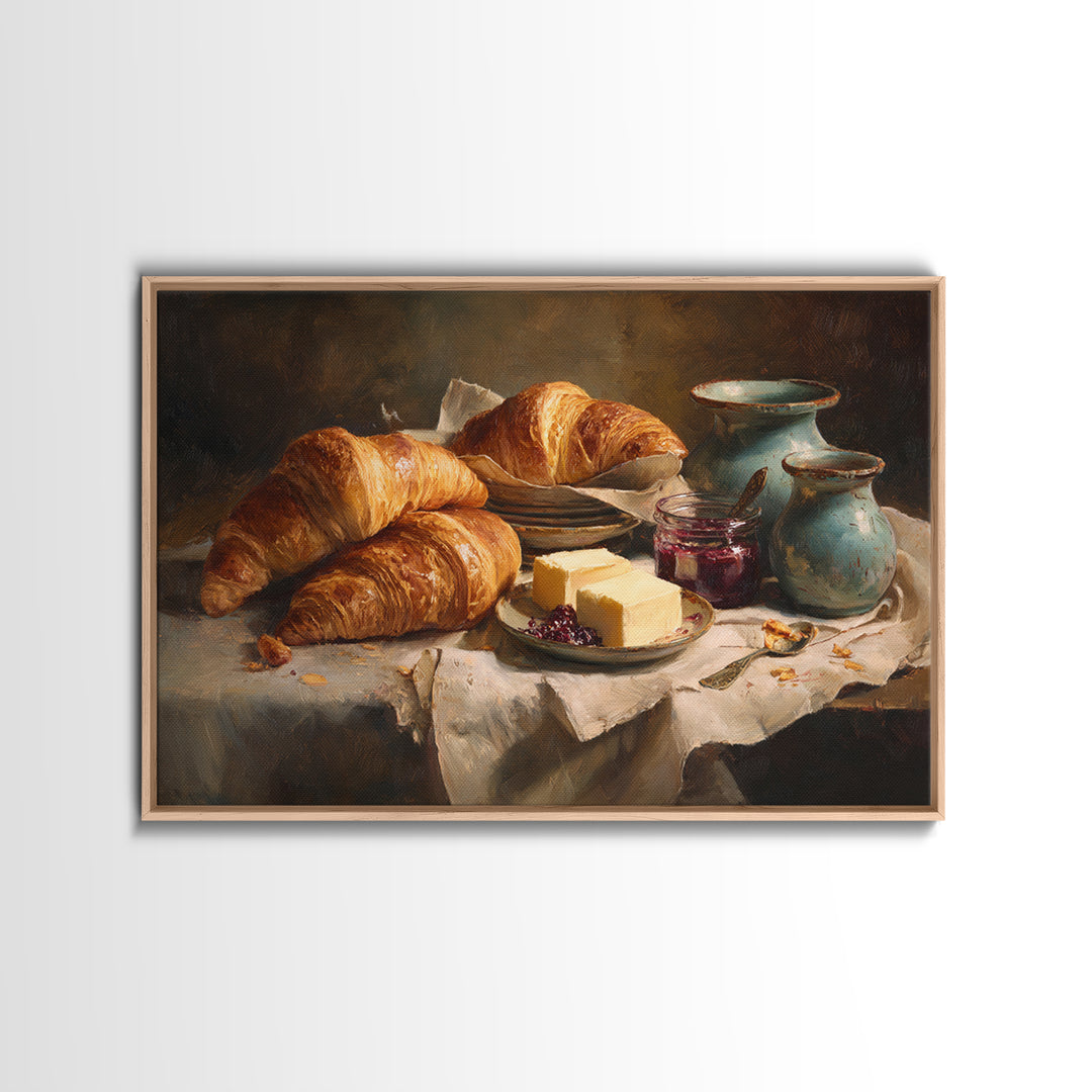 Fresh Croissants and Jam on a Linen Canvas Print, Bed and Breakfast Art, Above Bed Decor, Living Room Decor, Fine Art, BAB-3x2-54