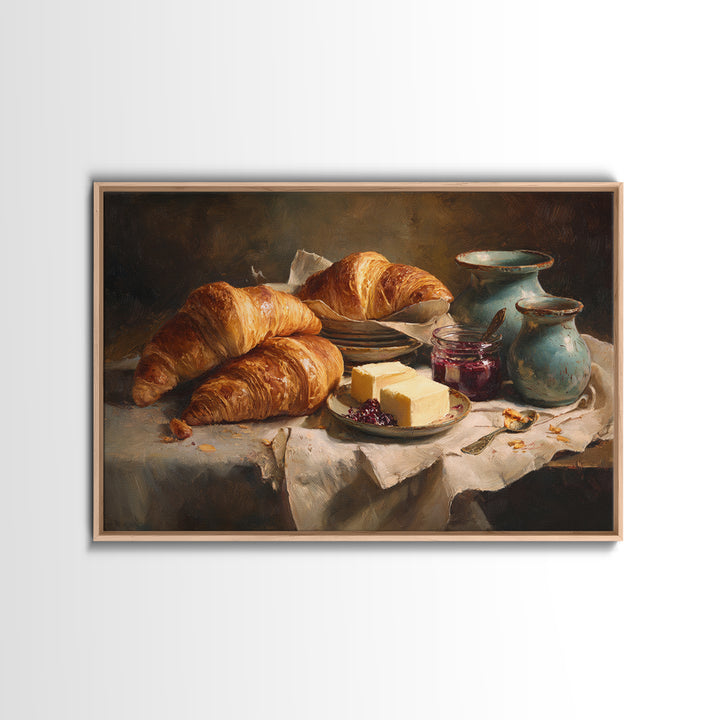 Fresh Croissants and Jam on a Linen Canvas Print, Bed and Breakfast Art, Above Bed Decor, Living Room Decor, Fine Art, BAB-3x2-54