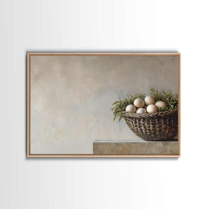 Fresh Eggs in a Woven Basket with Canvas Print, Bed and Breakfast Art, Coffee Art, Living Room Decor, Watercolor Art, BAB-3x2-58