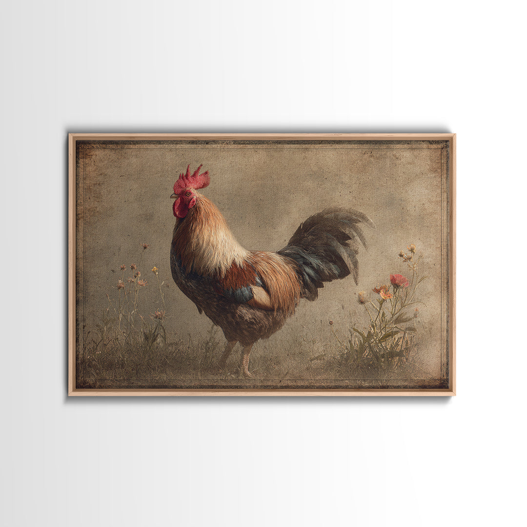 Rooster and Wildflower Country Portrait Canvas Print, Bed and Breakfast Art, Rustic Home Decor, Living Room Decor, BAB-3x2-71