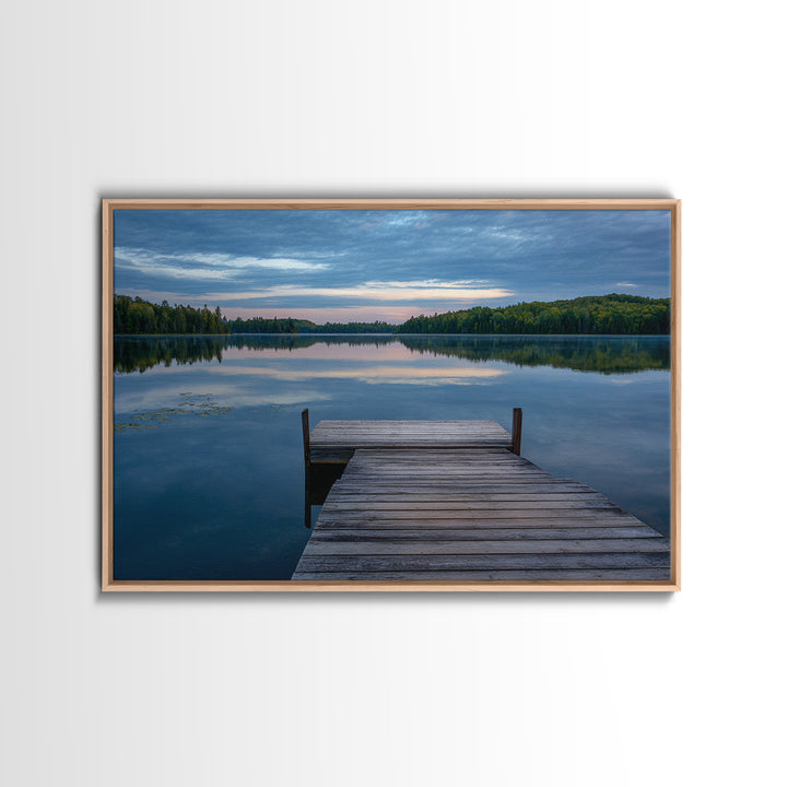 Quiet Lake Dock at Early Morning Framed Canvas Print, Bed and Breakfast Art, Farmhouse Wall Decor, Living Room Decor, Fine Art, BAB-3x2-74