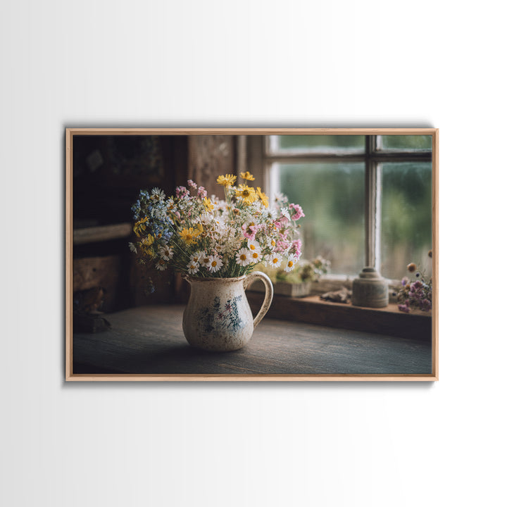 Country Wildflowers in a Chipped Ceramic Pitcher Canvas Print, Bed and Breakfast Art, Room Decor, Living Room Decor, BAB-3x2-77