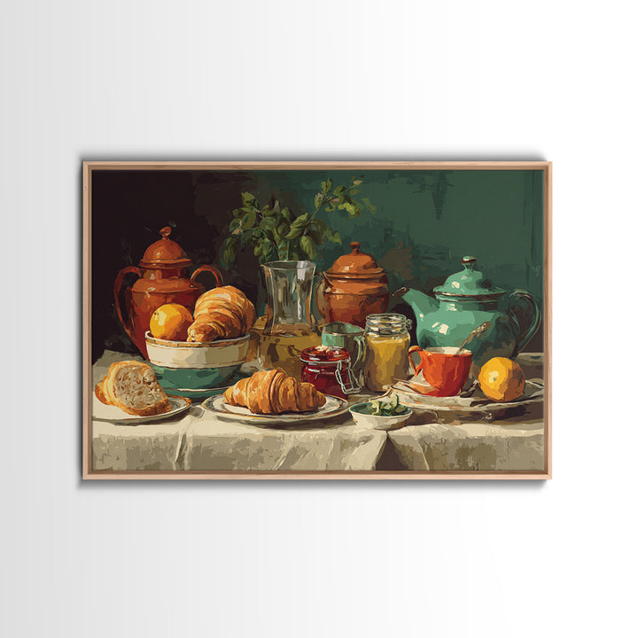 Fresh Croissants and Jam on a Linen Framed Canvas Print, Bed and Breakfast Art, Folk Art, Living Room Decor, Abstract Art, BAB-3x2-78