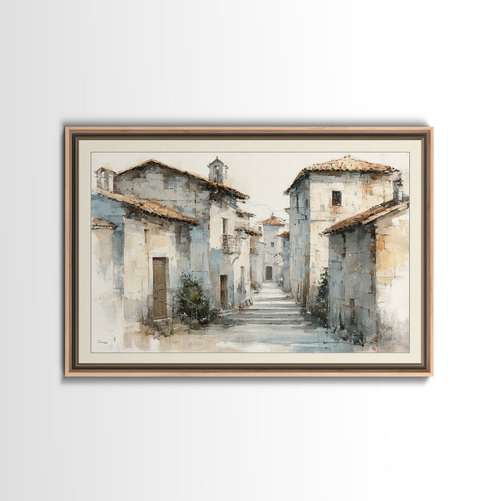 Soft Watercolor Village Street at Dawn Framed Canvas Print, Bed and Breakfast Art, Fine Art Print, Living Room Decor, Fine Art, BAB-3x2-81