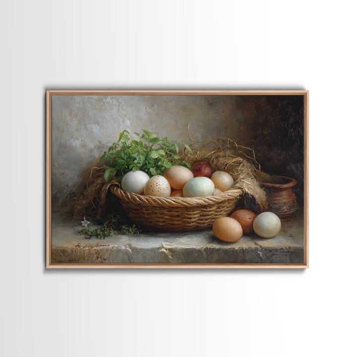 Fresh Eggs in a Woven Basket with Framed Canvas Print, Bed and Breakfast Art, Bedroom Art, Living Room Decor, Oil Painting, BAB-3x2-82