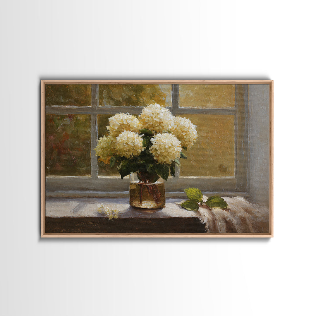 Sunlit Hydrangeas on a Windowsill Framed Canvas Print, Bed and Breakfast Art, Trendy Wall Art, Living Room Decor, Fine Art, BAB-3x2-86