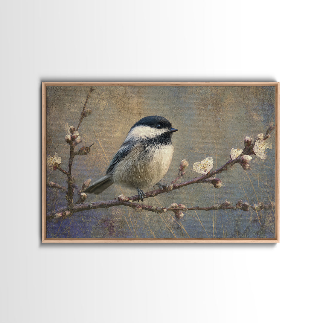Small Bird on a Flowering Branch Framed Canvas Print, Bed and Breakfast Art, Farmhouse Wall Art, Living Room Decor, Fine Art, BAB-3x2-90