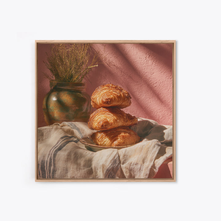Buttery Croissants Stacked on Striped Linen Framed Canvas Print, Bakery Art, Modern Decor, Bakery Decor, Abstract Art, BAK-1x1-1