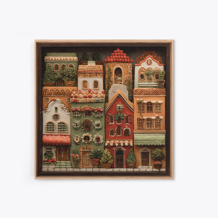 Gingerbread Houses in Charming Folk Art Style Canvas Print, Bakery Art, Whimsical Wall Art, Bakery Decor, Fine Art, Patisserie, BAK-1x1-14