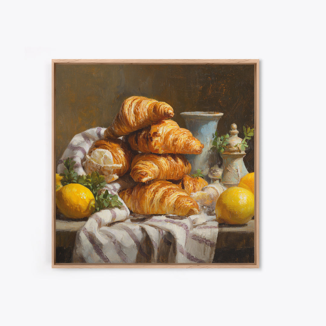 Buttery Croissants Stacked on Striped Linen Canvas Print, Bakery Art, Room Decor, Bakery Decor, Abstract Art, Patisserie, BAK-1x1-25