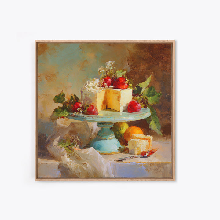 Pastel Cake Stand Framed Canvas Print, Bakery Art, Boho Decor, Bakery Decor, Oil Painting, Patisserie, Printable Wall Art, BAK-1x1-37