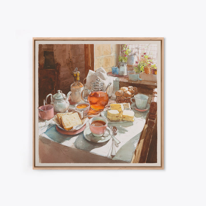 Tea and Scone Arrangement Framed Canvas Print, Bakery Art, Watercolor Painting, Bakery Decor, Patisserie, Aesthetic Wall Art, BAK-1x1-44