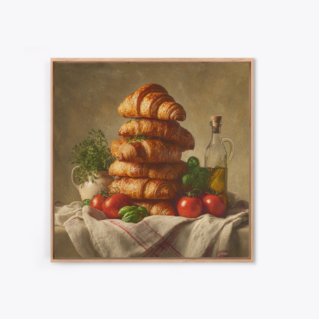 Buttery Croissants Stacked on Striped Linen Canvas Print, Bakery Art, Room Decor, Bakery Decor, Abstract Art, Patisserie, BAK-1x1-49