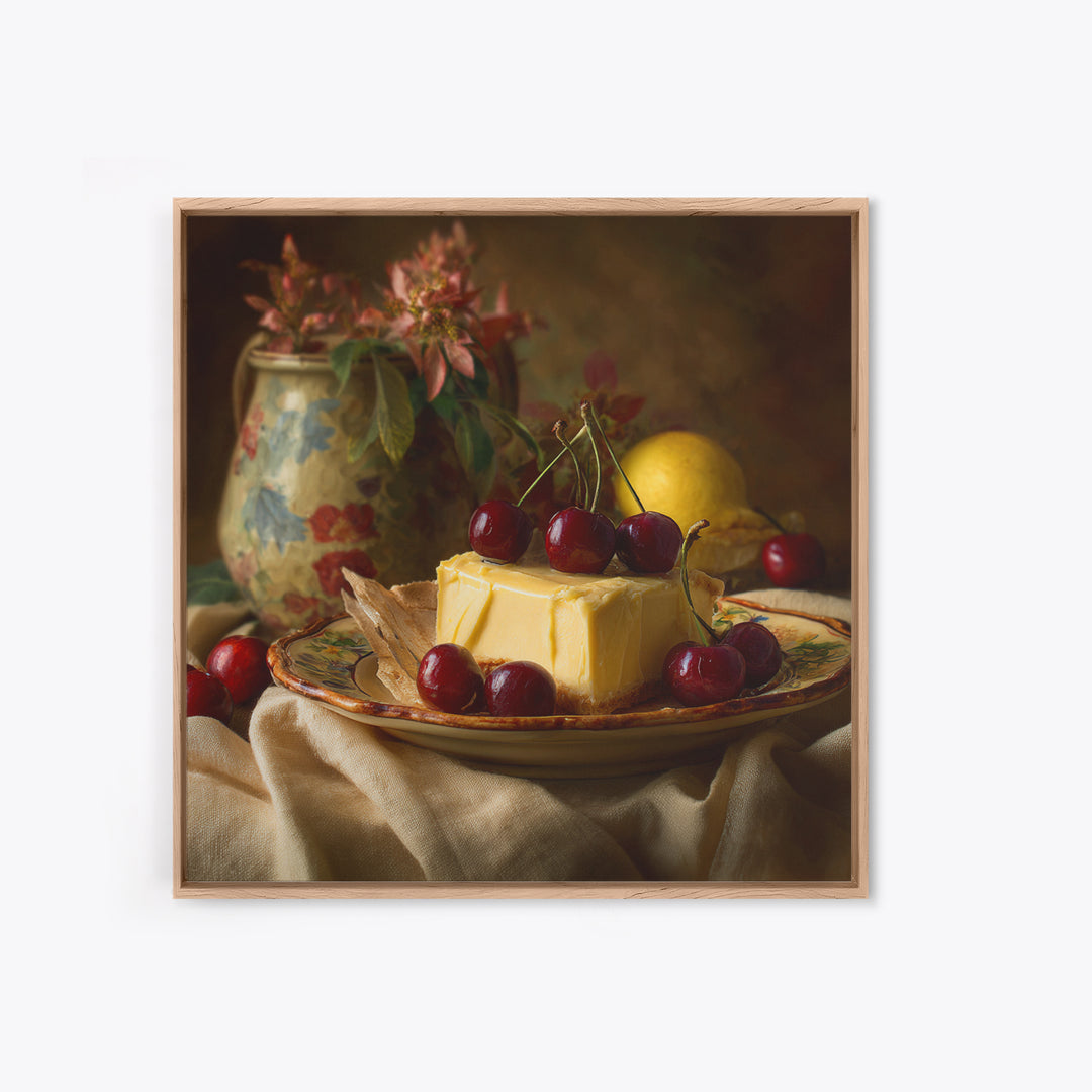 Cherry Tart Still Life Framed Canvas Print, Bakery Art, Textured Painting, Bakery Decor, Fine Art, Patisserie, Printable Art, BAK-1x1-53