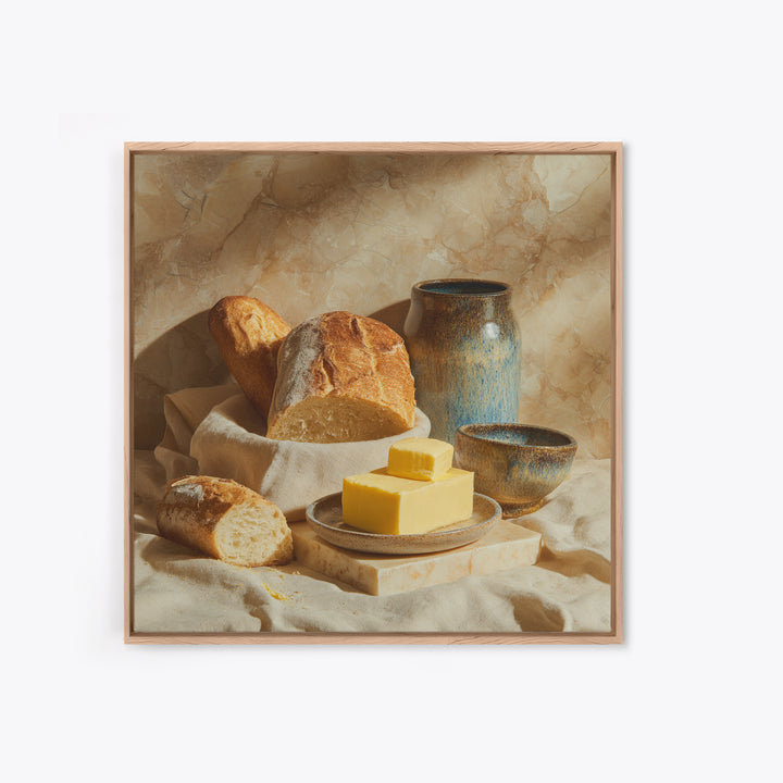 Baguette and Butter Still Life on Marble Framed Canvas Print, Bakery Art, Watercolor Painting, Bakery Decor, Patisserie, BAK-1x1-56
