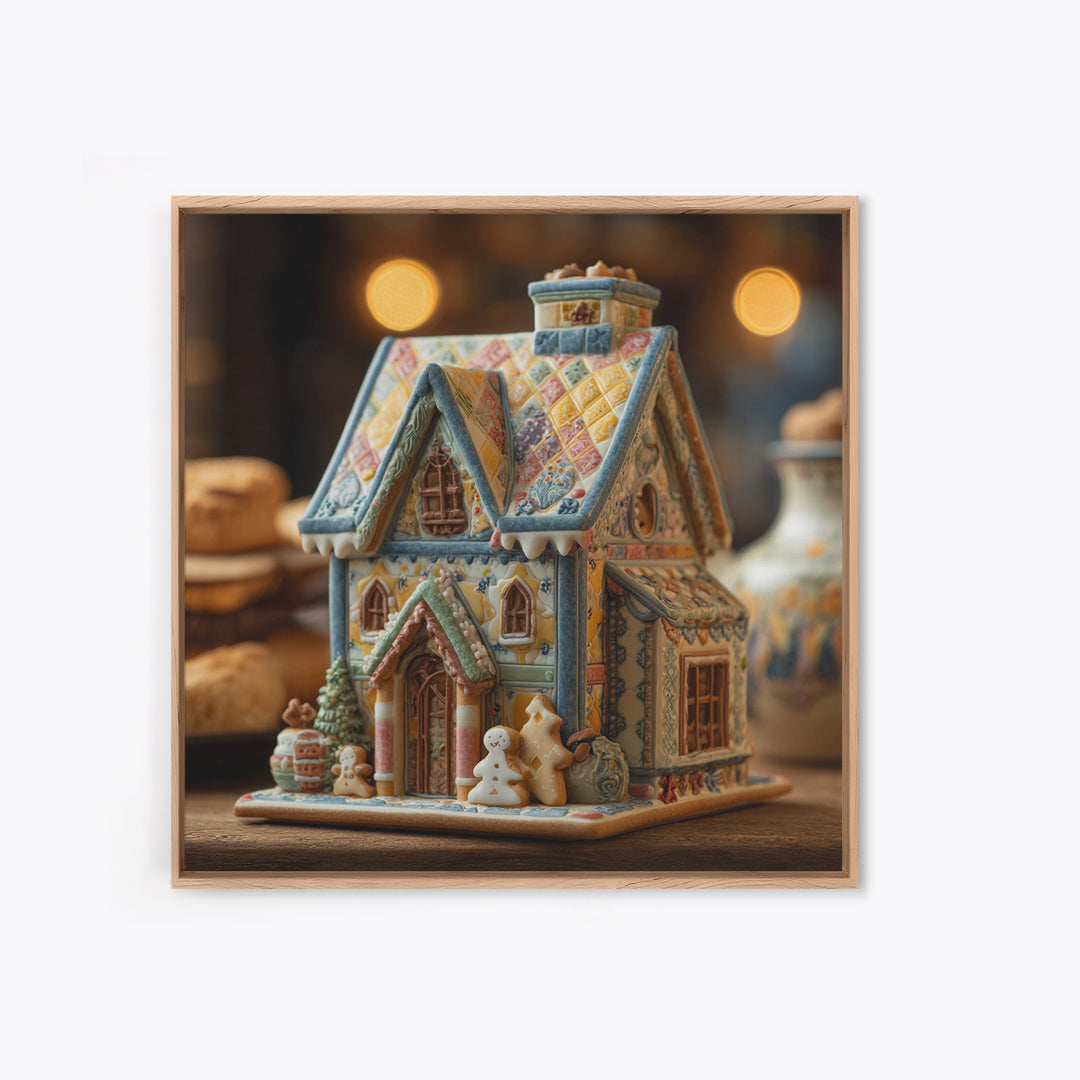 Gingerbread Houses in Charming Folk Art Style Framed Canvas Print, Bakery Art, Gallery Decor, Bakery Decor, Patisserie, BAK-1x1-62