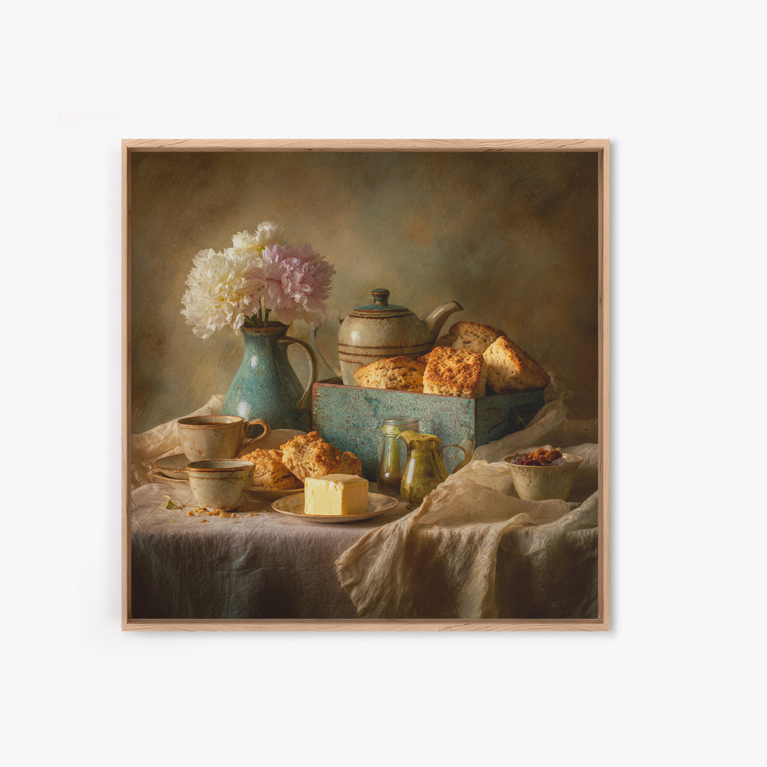 Tea and Scone Arrangement Framed Canvas Print, Bakery Art, Neutral Wall Art, Bakery Decor, Patisserie, Statement Artwork, BAK-1x1-68