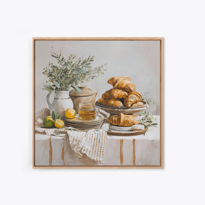Buttery Croissants Stacked on Striped Linen Framed Canvas Print, Bakery Art, Home Decor, Bakery Decor, Abstract Art, Patisserie, BAK-1x1-73