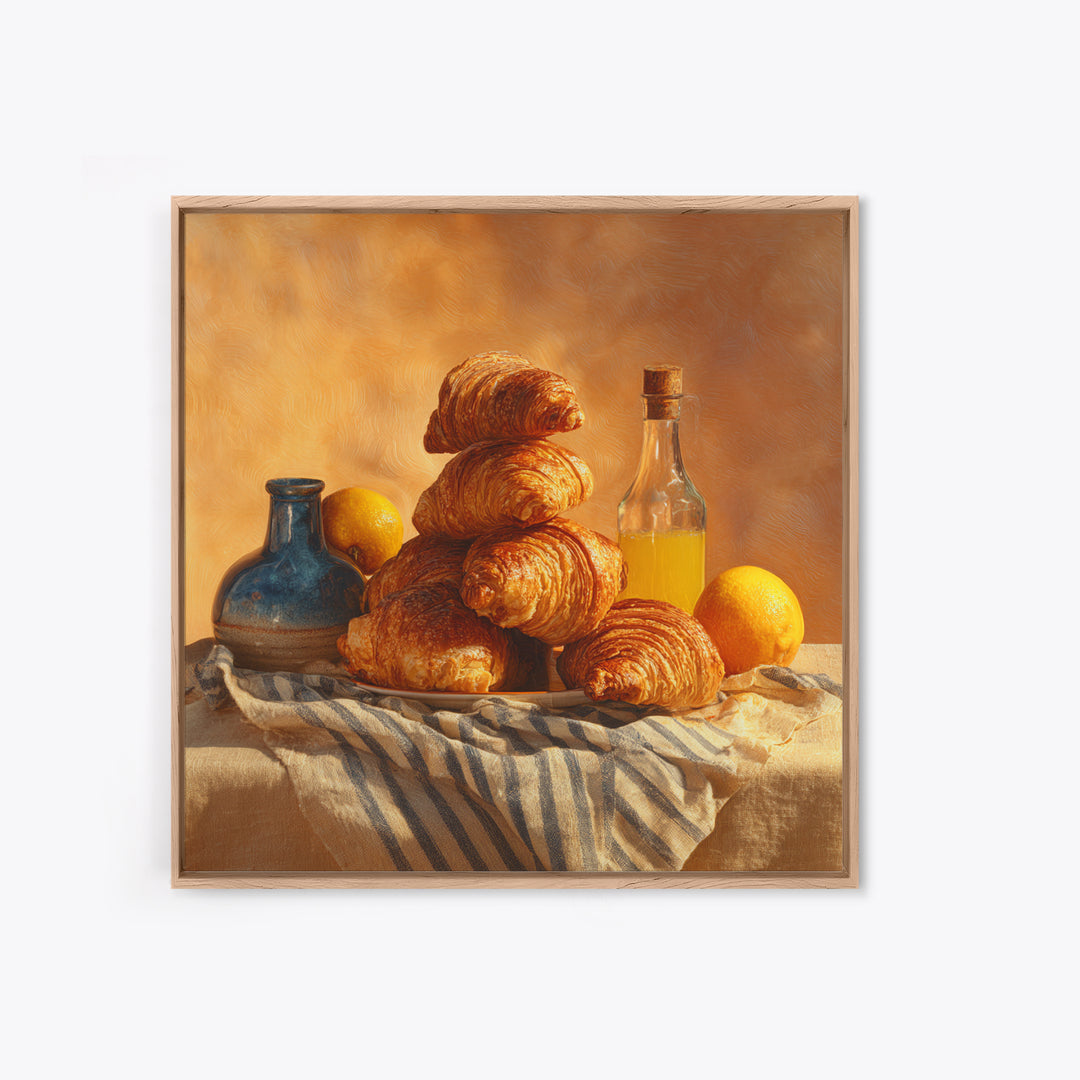 Buttery Croissants Stacked on Striped Linen Canvas Print, Bakery Art, Kitchen Wall Art, Bakery Decor, Fine Art, Patisserie, BAK-1x1-97