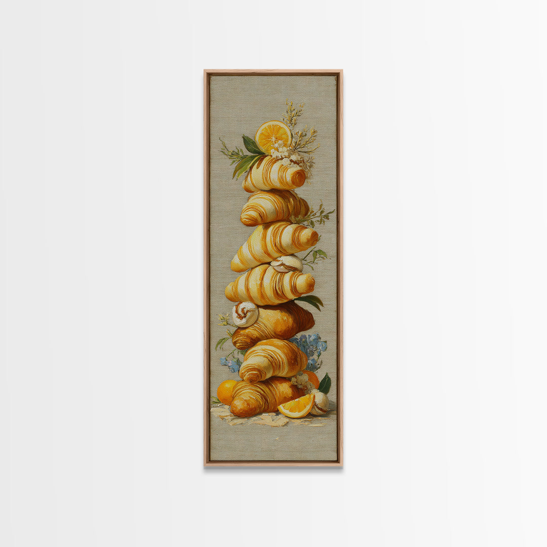 Buttery Croissants Stacked on Striped Linen Canvas Print, Bakery Art, Minimalist Decor, Bakery Decor, Fine Art, Patisserie, BAK-1x3-13