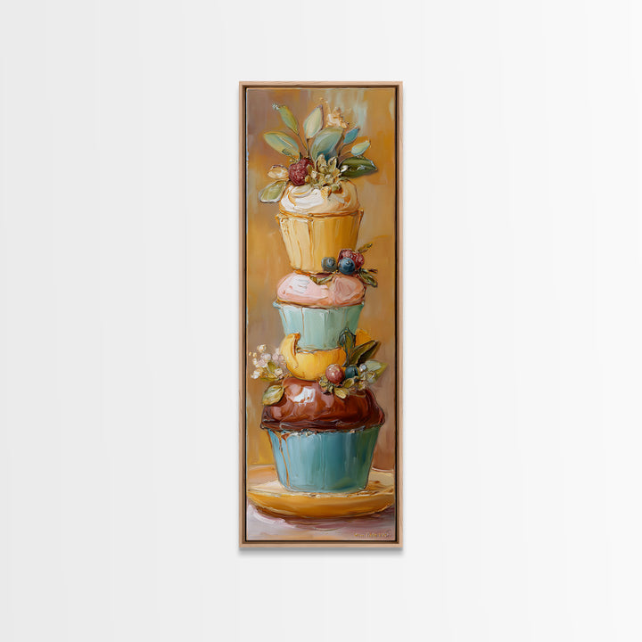 Cupcake Bouquet Painted Framed Canvas Print, Bakery Art, Kitchen Wall Decor, Bakery Decor, Patisserie, Whimsical Wall Art, BAK-1x3-19