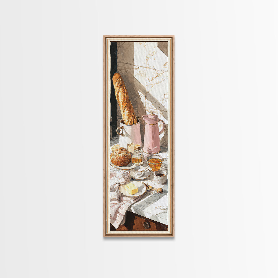 Baguette and Butter Still Life on Marble Framed Canvas Print, Bakery Art, Wall Decor, Bakery Decor, Fine Art, Patisserie, BAK-1x3-20