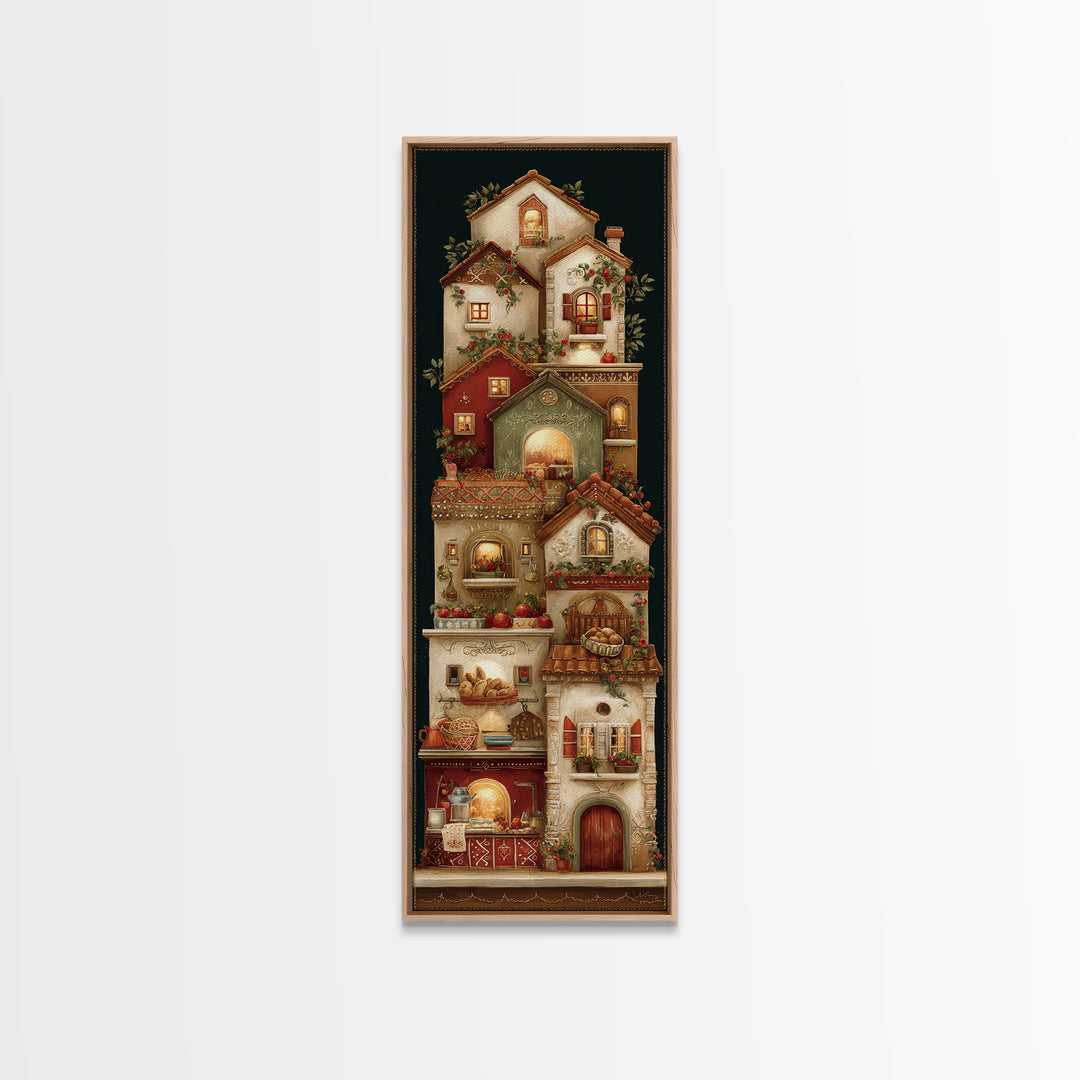 Gingerbread Houses in Charming Folk Art Style Framed Canvas Print, Bakery Art, Fine Art Print, Bakery Decor, Patisserie, BAK-1x3-74
