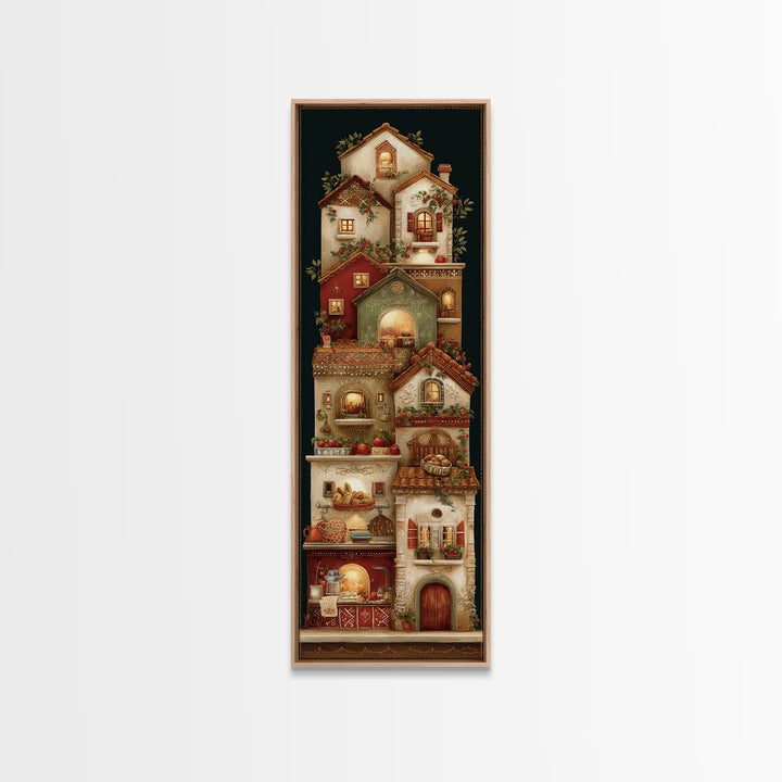 Gingerbread Houses in Charming Folk Art Style Framed Canvas Print, Bakery Art, Fine Art Print, Bakery Decor, Patisserie, BAK-1x3-74
