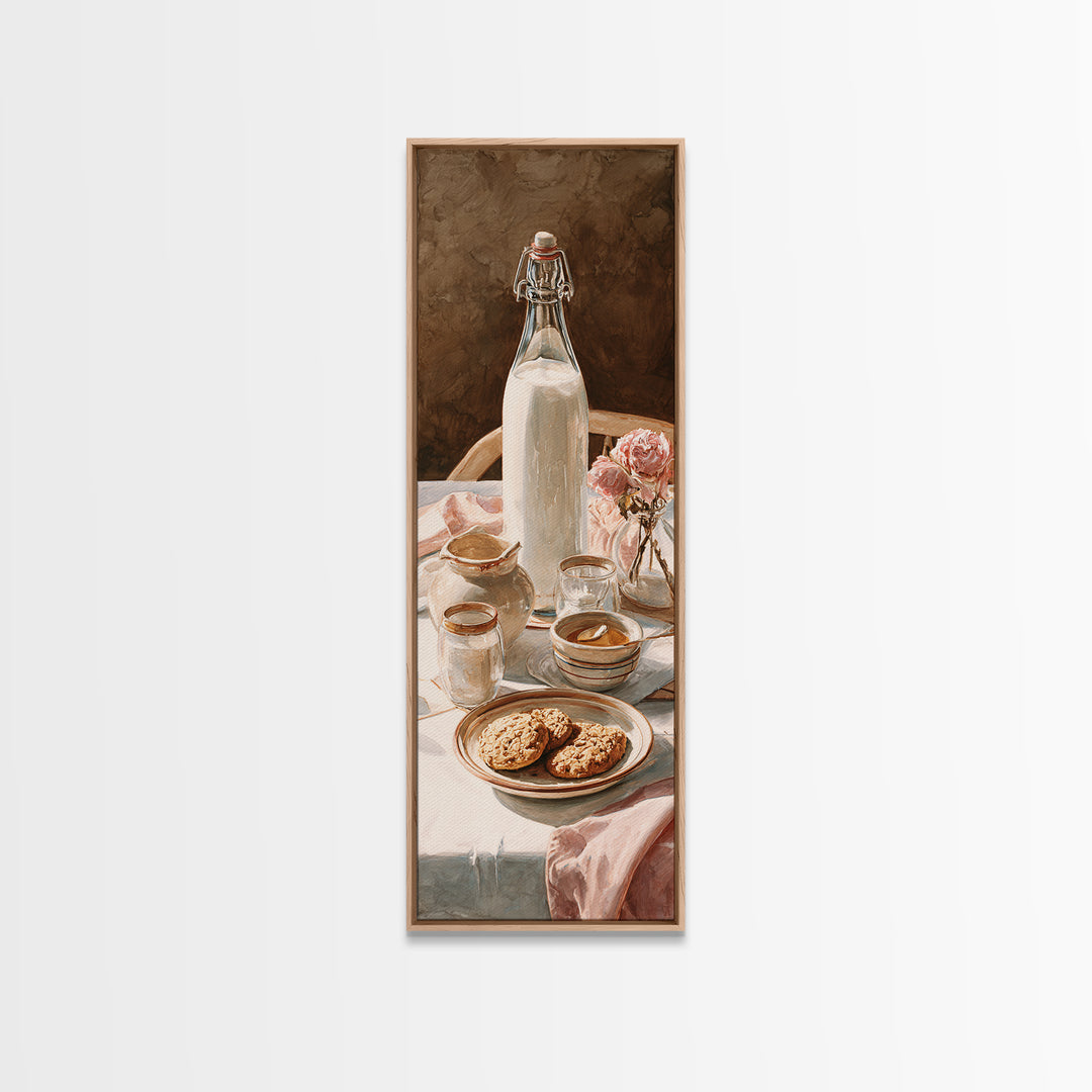 Milk Bottle and Cookies Nostalgic Still Life Canvas Print, Bakery Art, Boho Decor, Bakery Decor, Oil Painting, Patisserie, BAK-1x3-82