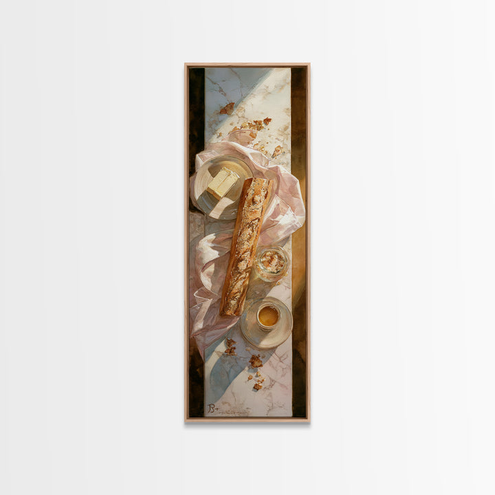 Baguette and Butter Still Life on Marble Framed Canvas Print, Bakery Art, Whimsical Wall Art, Bakery Decor, Patisserie, BAK-1x3-92