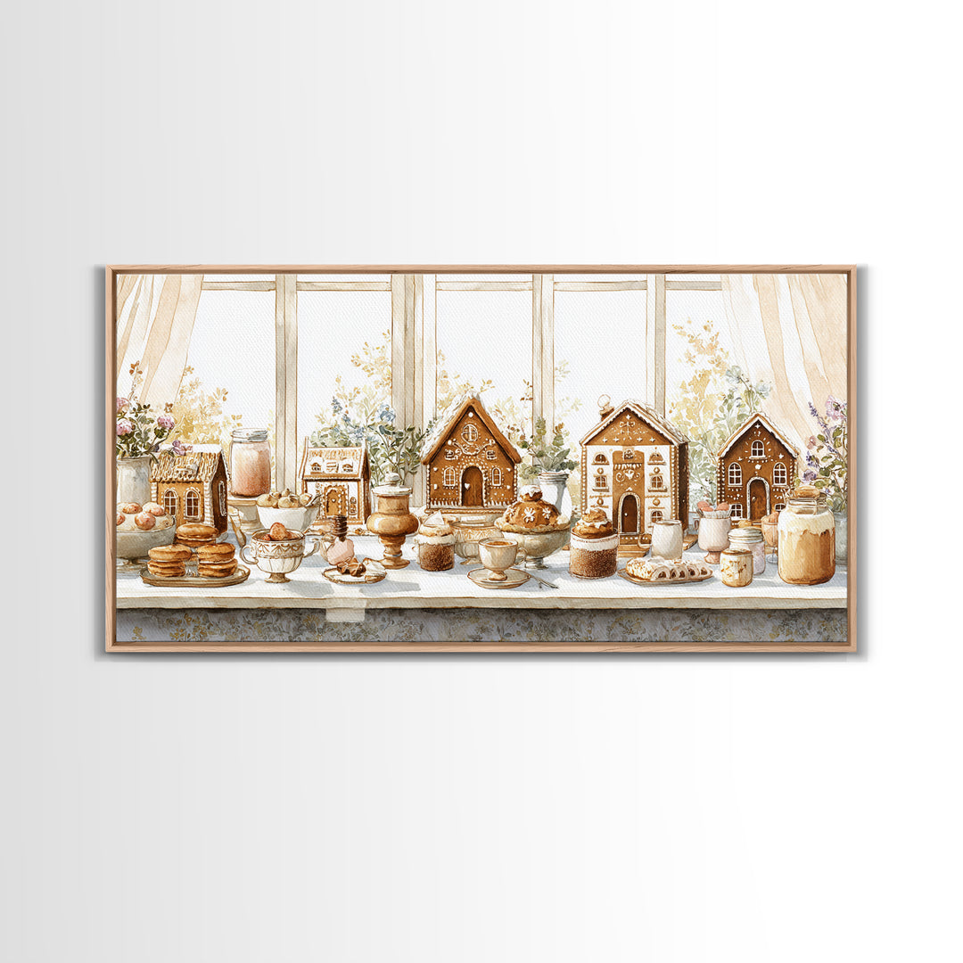 Gingerbread Houses in Charming Folk Art Style Framed Canvas Print, Bakery Art, Contemporary Art, Bakery Decor, Patisserie, BAK-2x1-10