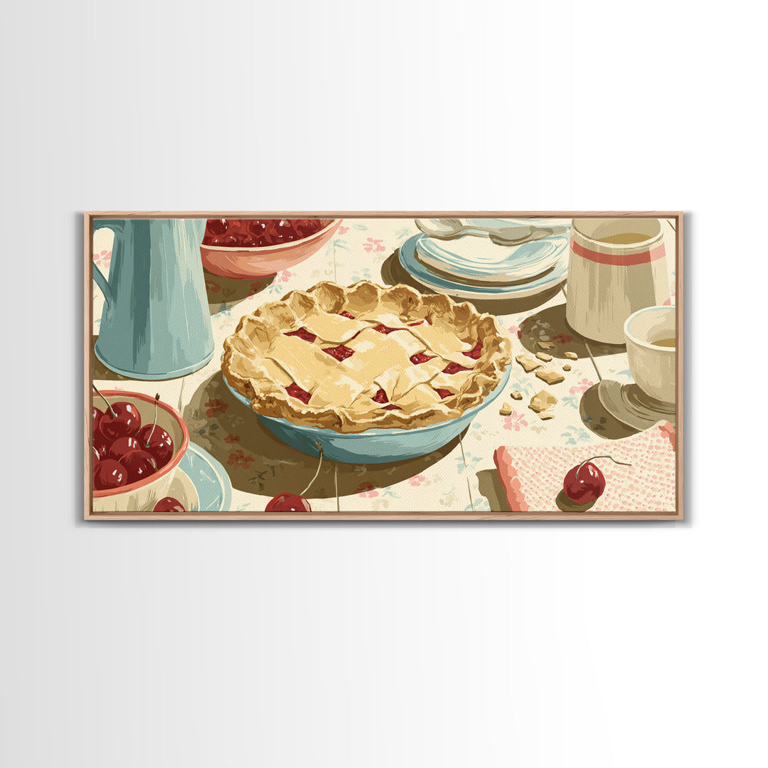 Retro Diner Pie Illustration Framed Canvas Print, Bakery Art, Room Decor, Bakery Decor, Fine Art, Patisserie, Digital Print, BAK-2x1-12