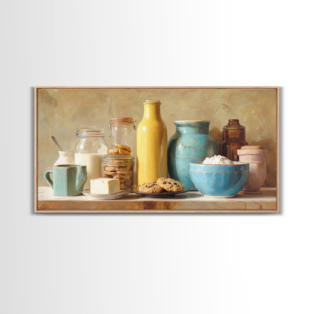 Milk Bottle and Cookies Nostalgic Still Life Framed Canvas Print, Bakery Art, Room Decor, Bakery Decor, Fine Art, Patisserie, BAK-2x1-18