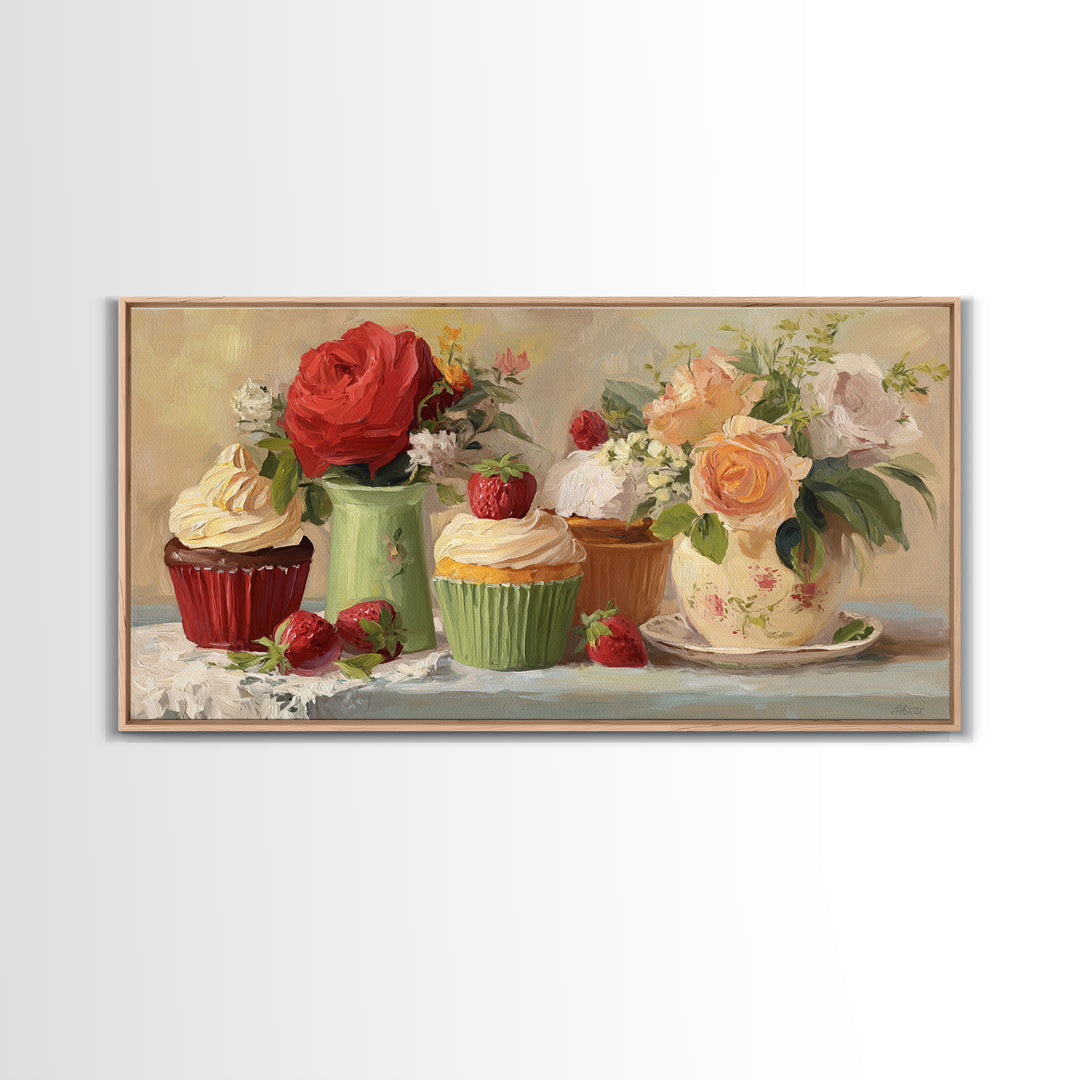 Cupcake Bouquet Painted Framed Canvas Print, Bakery Art, Boho Decor, Bakery Decor, Oil Painting, Patisserie, Printable Wall Art, BAK-2x1-27