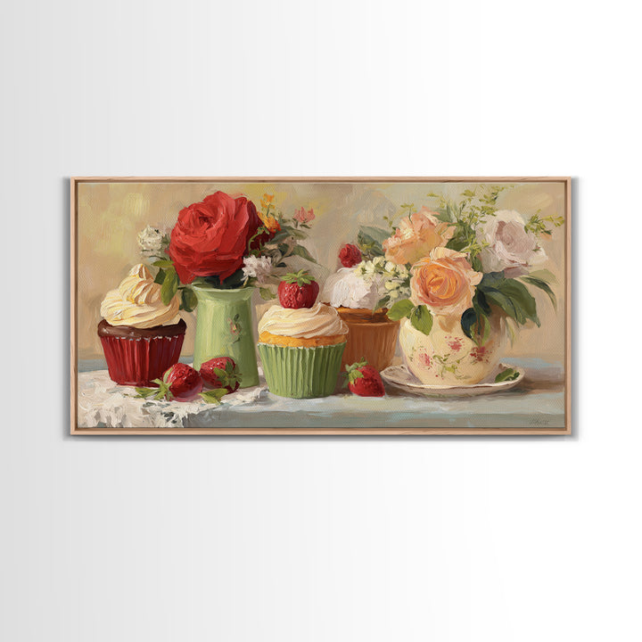 Cupcake Bouquet Painted Framed Canvas Print, Bakery Art, Boho Decor, Bakery Decor, Oil Painting, Patisserie, Printable Wall Art, BAK-2x1-27
