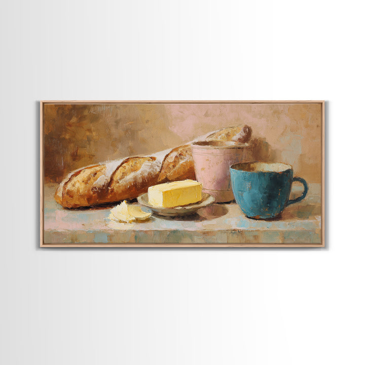 Baguette and Butter Still Life on Marble Framed Canvas Print, Bakery Art, Contemporary Art, Bakery Decor, Fine Art, Patisserie, BAK-2x1-28