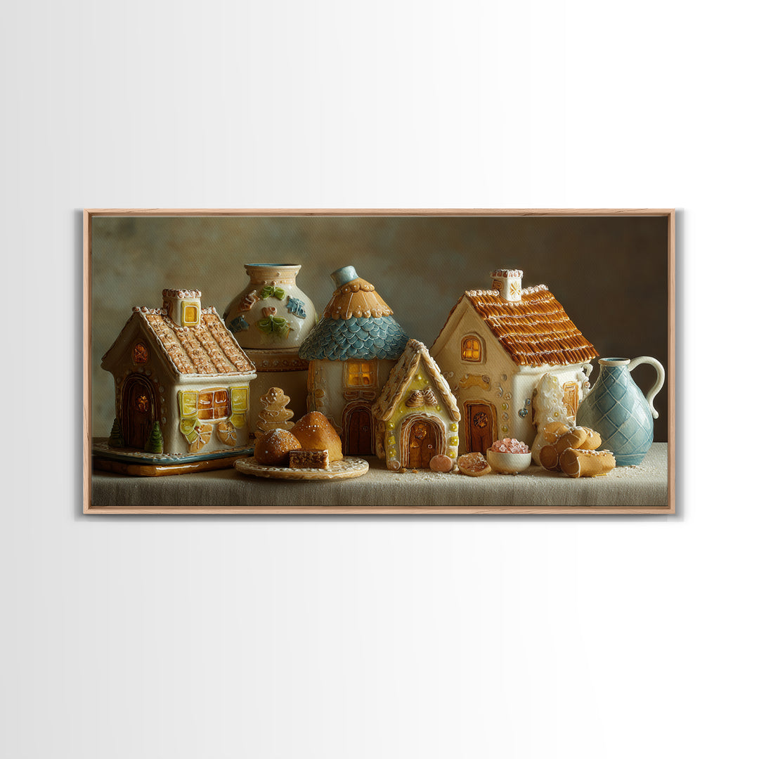 Gingerbread Houses in Charming Folk Art Style Framed Canvas Print, Bakery Art, Contemporary Art, Bakery Decor, Patisserie, BAK-2x1-34