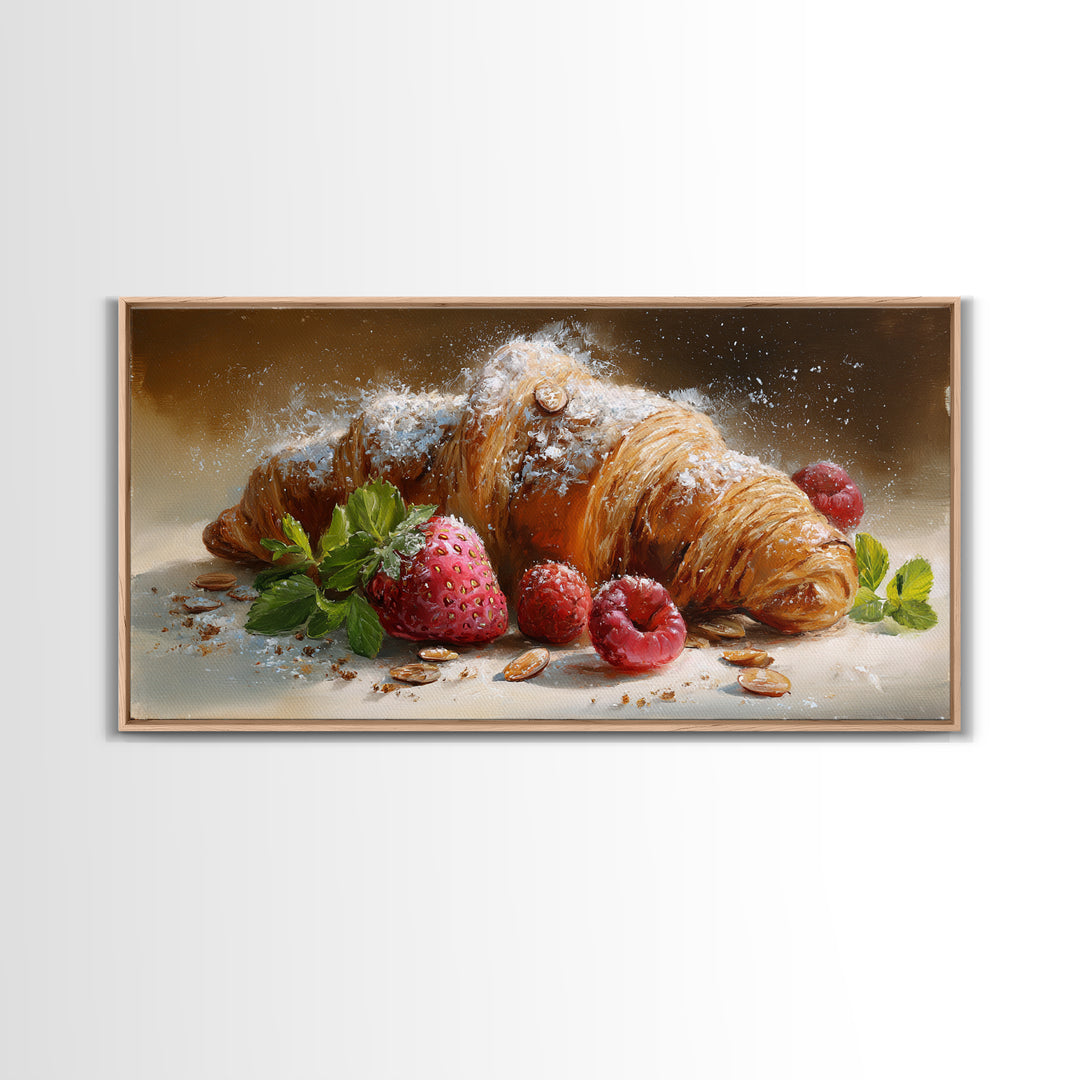 Almond Croissant Closeup Framed Canvas Print, Bakery Art, Wall Art, Bakery Decor, Oil Painting, Patisserie, Kitchen Wall Decor, BAK-2x1-35