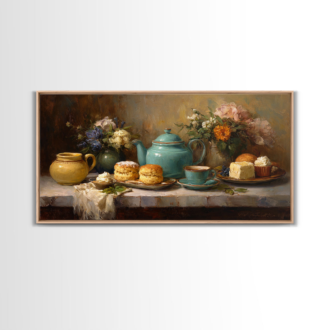 Tea and Scone Arrangement Framed Canvas Print, Bakery Art, Wall Decor, Bakery Decor, Fine Art, Patisserie, Kitchen Prints, BAK-2x1-40