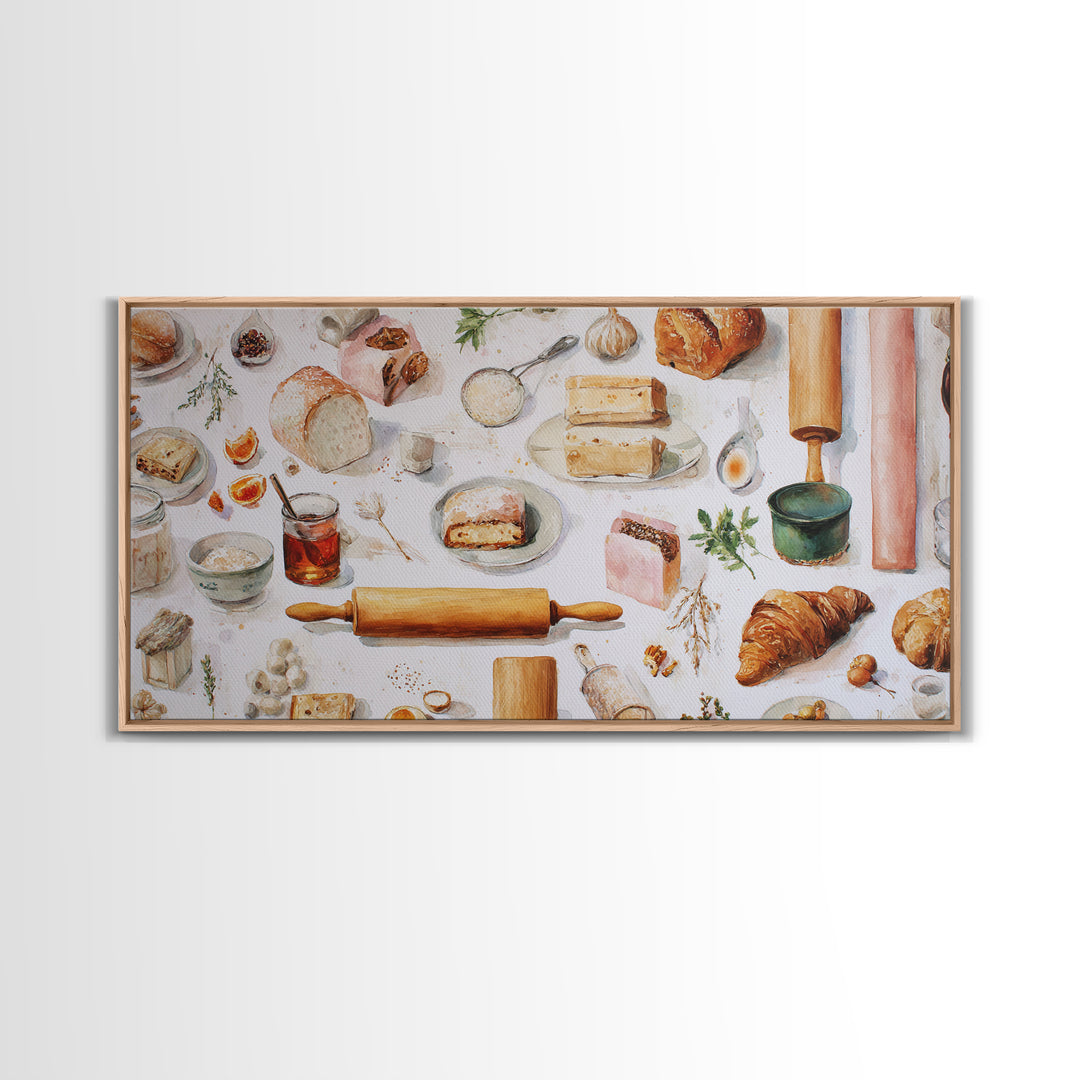 Patisserie Pattern of Rolling Pins and Pastries Canvas Print, Bakery Art, Kitchen Decor, Bakery Decor, Fine Art, Patisserie, BAK-2x1-41